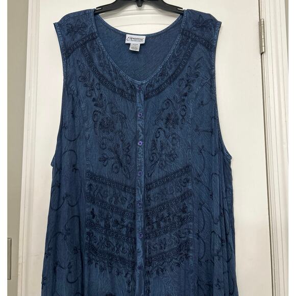 Vintage Expressions Blue Embroidered Rayon Maxi Dress Duster 3X Boho Festival - Picture 5 of 10